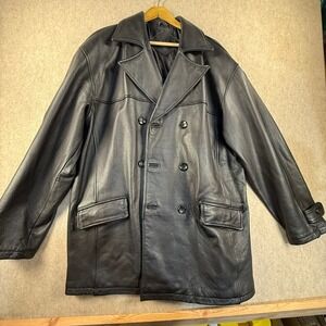 B&R Mens Black Leather Double Breasted Pea Coat Car Jacket Size L Pebbled Coat